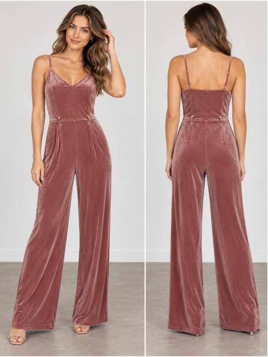 Forever 21 Pants - Forever 21 Dusty Rose Velvet V-Neck Wide-Leg Jumpsuit Size L Y2K Wedding